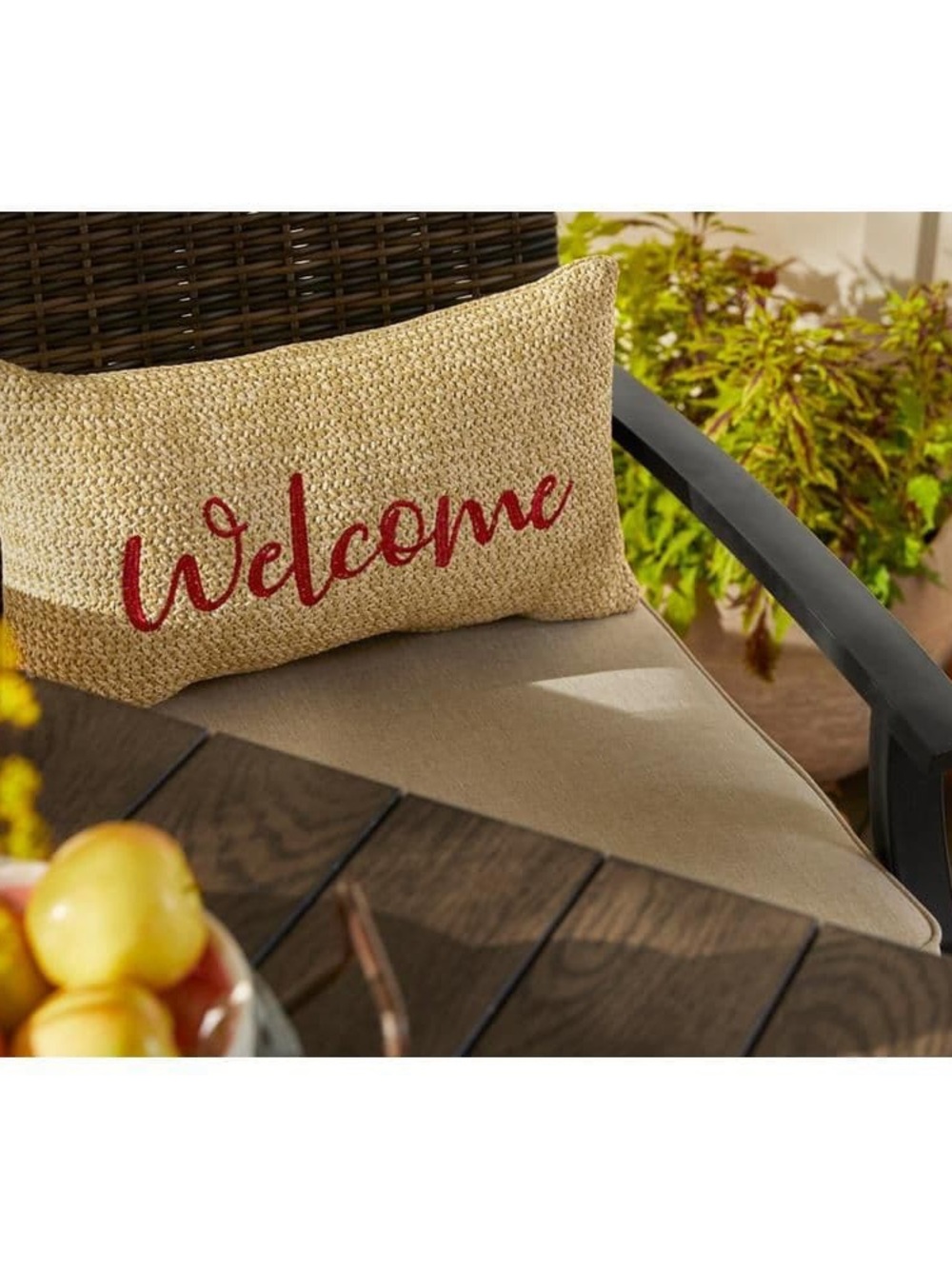 Embroidered Welcome Jute-Style Accent Pillow – Natural with Red Script